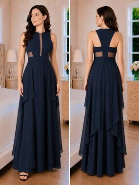 LM Collection Navy Blue Illusion Cutout Formal Gown $338